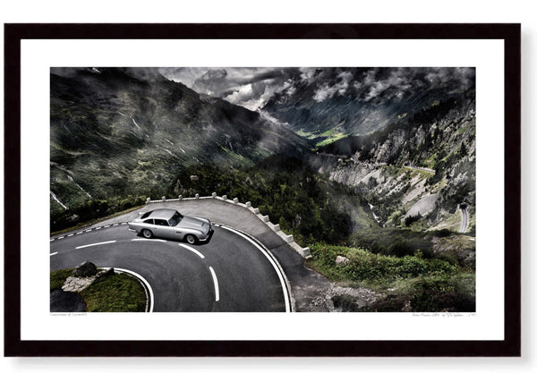Aston Martin DB5 in the Swiss Alps S (420mm x 262) / Black Wood Frame (Printed on Fine Art Paper) / No Mount