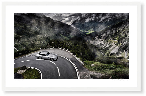 Aston Martin DB5 in the Swiss Alps S (420mm x 262) / White Wood Frame (Printed on Fine Art Paper) / No Mount