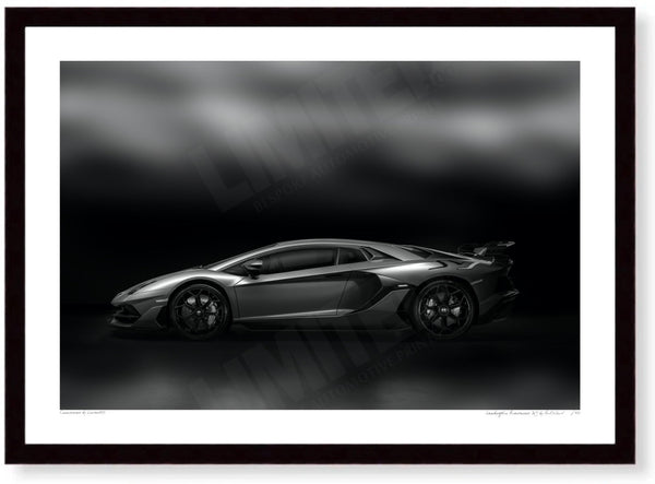 Lamborghini Aventador SVJ A3 (297 x 420 mm / 11.7 x 16.5 in) / Black Wood Frame (Printed on Fine Art Paper) / No Mount