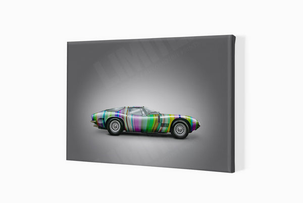 Bizzarrini 5300 GT Strada (technicolour on grey) A3 (297 x 420 mm / 11.7 x 16.5 in) / Canvas Print (Mounted on Wood