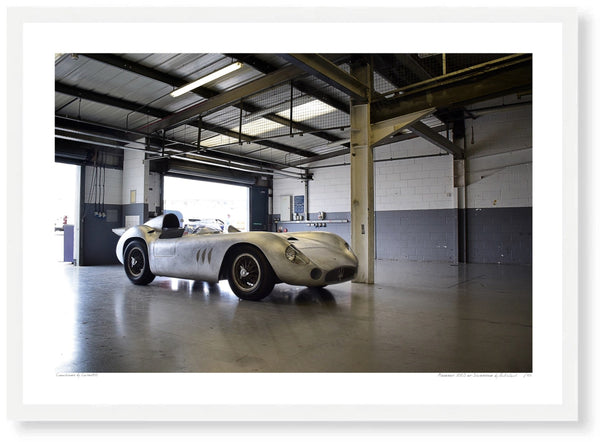Maserati 300S at Silverstone A3 (297 x 420 mm / 11.7 x 16.5 in) / White Wood Frame (Printed on Fine Art Paper) / No