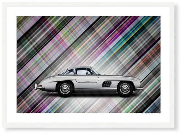 Mercedes-Benz 300 SL (technicolour tartan) A3 (297 x 420 mm / 11.7 x 16.5 in) / White Wood Frame (Printed on Fine Art