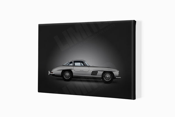 Mercedes-Benz 300 SL (silver on black) A3 (297 x 420 mm / 11.7 x 16.5 in) / Canvas Print (Mounted on Wood Internal