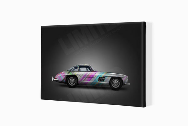 Mercedes-Benz 300 SL (technicolour on black) A3 (297 x 420 mm / 11.7 x 16.5 in) / Canvas Print (Mounted on Wood