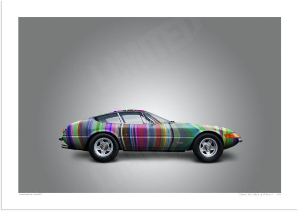 Ferrari 365 GTB/4 (technicolour stripes on grey) A3 (297 x 420 mm / 11.7 x 16.5 in) / Print-Only (Fine Art Paper) / No