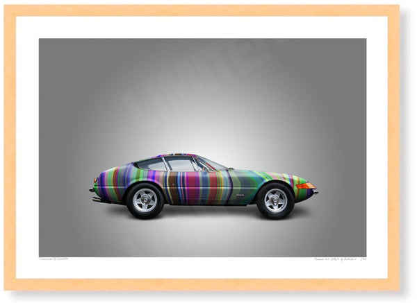 Ferrari 365 GTB/4 (technicolour stripes on grey) A3 (297 x 420 mm / 11.7 x 16.5 in) / Wood Frame (Printed on Fine Art
