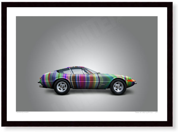 Ferrari 365 GTB/4 (technicolour stripes on grey) A3 (297 x 420 mm / 11.7 x 16.5 in) / Black Wood Frame (Printed on Fine