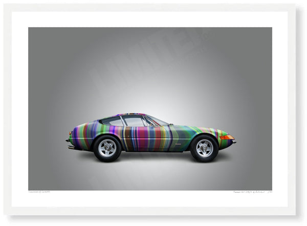 Ferrari 365 GTB/4 (technicolour stripes on grey) A3 (297 x 420 mm / 11.7 x 16.5 in) / White Wood Frame (Printed on Fine