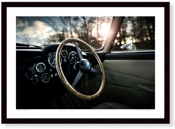 Aston Martin DB4 (interior) A3 (297 x 420 mm / 11.7 x 16.5 in) / Black Wood Frame (Printed on Fine Art Paper) / No Mount