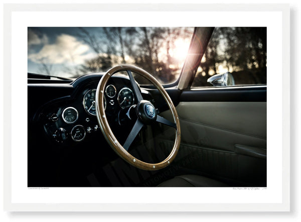 Aston Martin DB4 (interior) A3 (297 x 420 mm / 11.7 x 16.5 in) / White Wood Frame (Printed on Fine Art Paper) / No Mount