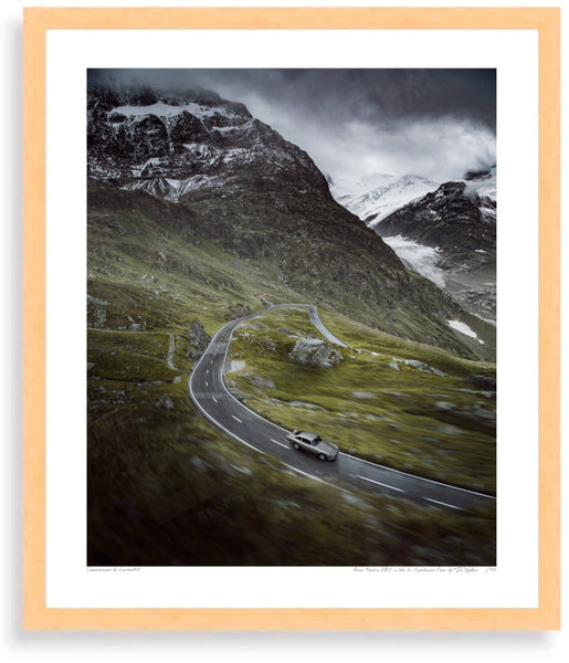 Aston Martin DB5 in the Swiss Alps (portrait) S (350mm x 297) / Wood Frame (Printed on Fine Art Paper) / No Mount