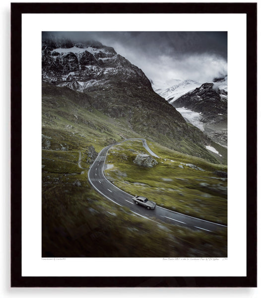 Aston Martin DB5 in the Swiss Alps (portrait) S (350mm x 297) / Black Wood Frame (Printed on Fine Art Paper) / No Mount