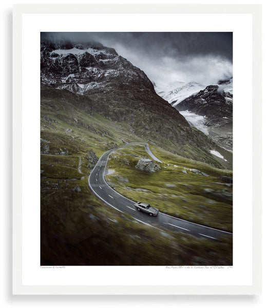 Aston Martin DB5 in the Swiss Alps (portrait) S (350mm x 297) / White Wood Frame (Printed on Fine Art Paper) / No Mount