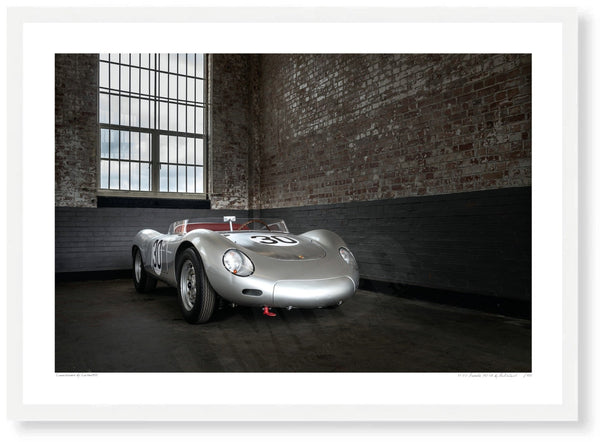 1958 Porsche 718 RSK at Bicester Heritage A3 (297 x 420 mm / 11.7 x 16.5 in) / White Wood Frame (Printed on Fine Art