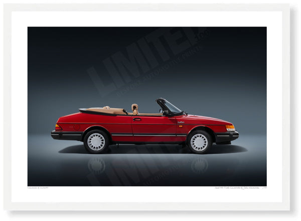 Saab 900 Turbo Convertible A3 (297 x 420 mm / 11.7 x 16.5 in) / White Wood Frame (Printed on Fine Art Paper) / No Mount