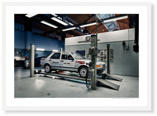 Saab 9000 Turbo Talladega A3 (297 x 420 mm / 11.7 x 16.5 in) / White Wood Frame (Printed on Fine Art Paper) / No Mount