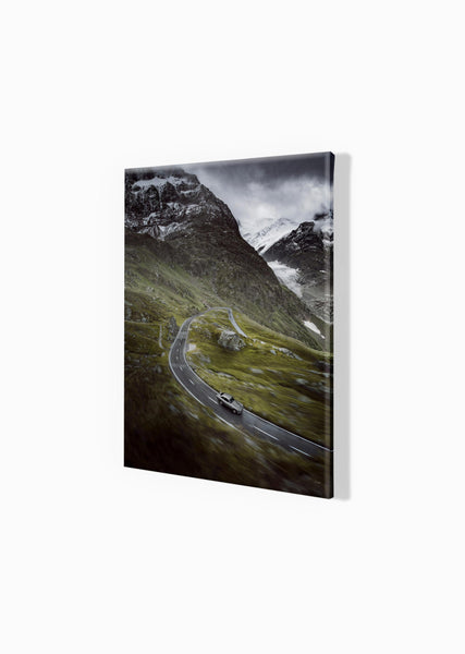 Aston Martin DB5 in the Swiss Alps (portrait) S (350mm x 297) / Canvas Print (Mounted on Wood Internal Frame) / No Mount