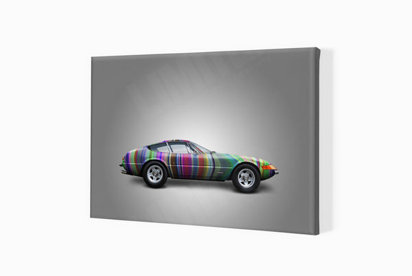 Ferrari 365 GTB/4 (technicolour stripes on grey) A3 (297 x 420 mm / 11.7 x 16.5 in) / Canvas Print (Mounted on Wood