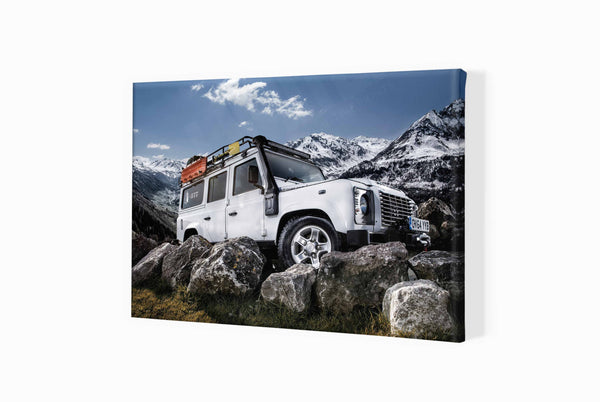 Land Rover Defender 110 in Switzerland A3 (297 x 420 mm / 11.7 x 16.5 in) / Canvas Print (Mounted on Wood Internal