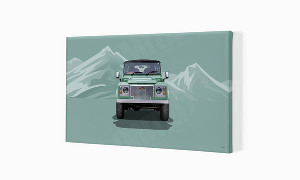 Land Rover Defender Legacy 90 Heritage (green mountains) S (420mm x 258) / Canvas Print (Mounted on Wood Internal