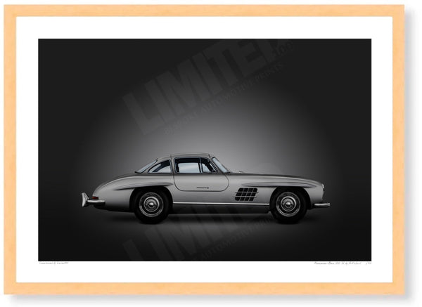 Mercedes-Benz 300 SL (silver on black) A3 (297 x 420 mm / 11.7 x 16.5 in) / Wood Frame (Printed on Fine Art Paper) / No