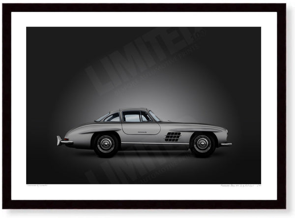 Mercedes-Benz 300 SL (silver on black) A3 (297 x 420 mm / 11.7 x 16.5 in) / Black Wood Frame (Printed on Fine Art