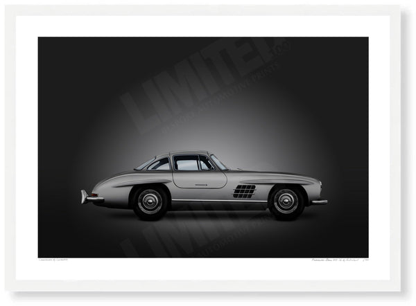 Mercedes-Benz 300 SL (silver on black) A3 (297 x 420 mm / 11.7 x 16.5 in) / White Wood Frame (Printed on Fine Art