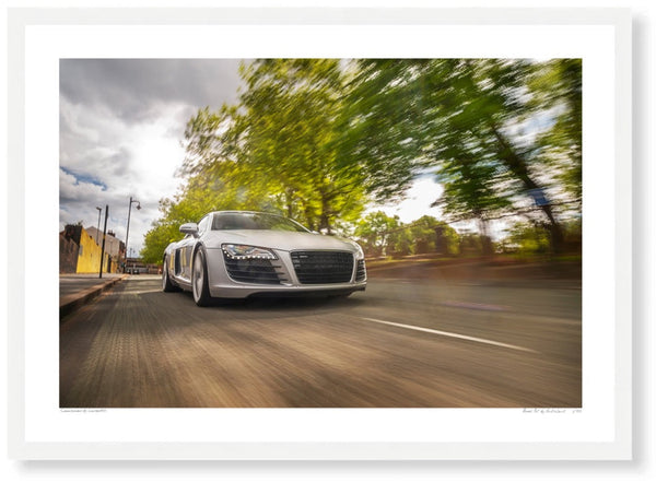 Audi R8 in the Jewellery Quarter A3 (297 x 420 mm / 11.7 x 16.5 in) / White Wood Frame (Printed on Fine Art Paper) / No