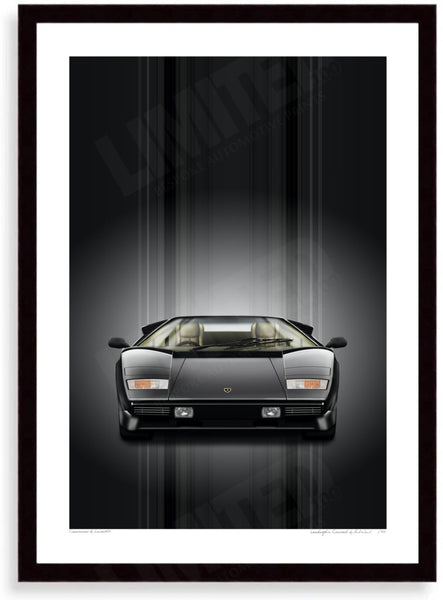 Lamborghini Countach (black black) A3 (297 x 420 mm / 11.7 x 16.5 in) / Black Wood Frame (Printed on Fine Art Paper)
