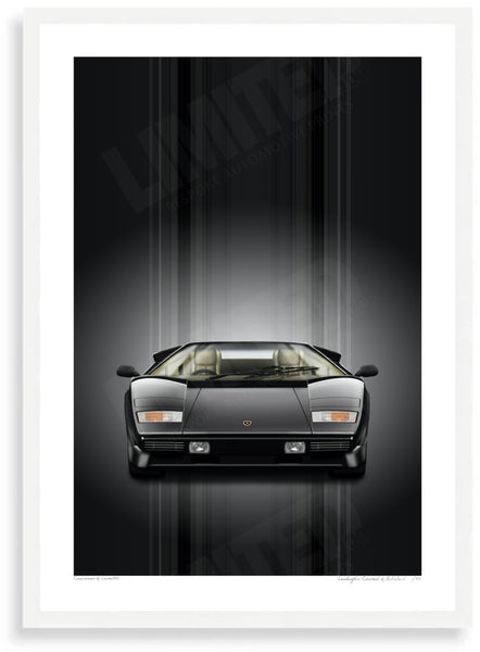Lamborghini Countach (black black) A3 (297 x 420 mm / 11.7 x 16.5 in) / White Wood Frame (Printed on Fine Art Paper)
