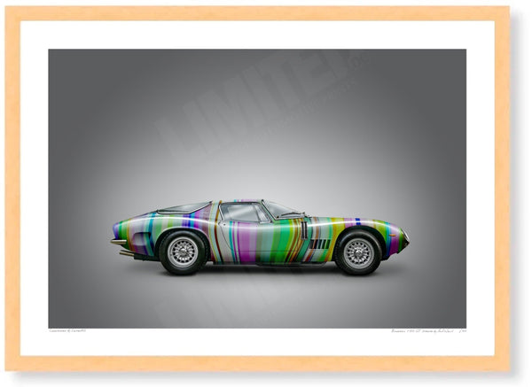 Bizzarrini 5300 GT Strada (technicolour on grey) A3 (297 x 420 mm / 11.7 x 16.5 in) / Wood Frame (Printed on Fine Art