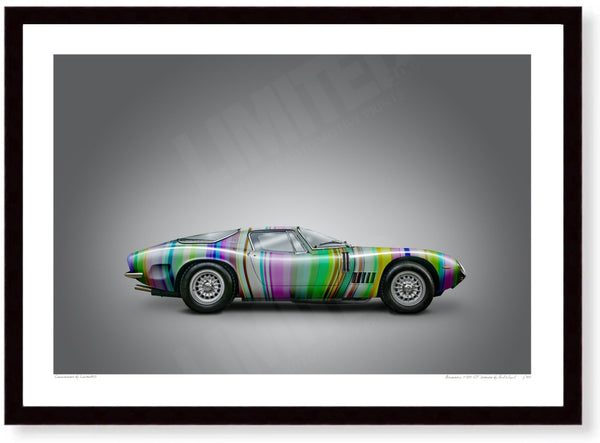Bizzarrini 5300 GT Strada (technicolour on grey) A3 (297 x 420 mm / 11.7 x 16.5 in) / Black Wood Frame (Printed on Fine