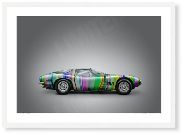 Bizzarrini 5300 GT Strada (technicolour on grey) A3 (297 x 420 mm / 11.7 x 16.5 in) / White Wood Frame (Printed on Fine