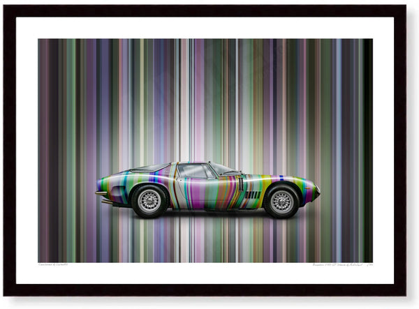 Bizzarrini 5300 GT Strada (technicolour stripes) A3 (297 x 420 mm / 11.7 x 16.5 in) / Black Wood Frame (Printed on Fine