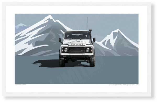Land Rover Defender Legacy 110 Heritage (blue mountains) S (420mm x 258) / White Wood Frame (Printed on Fine Art Paper)