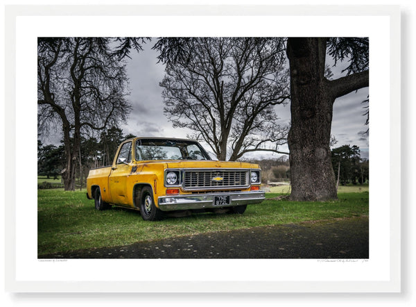 1973 Chevrolet C10 A3 (297 x 420 mm / 11.7 x 16.5 in) / White Wood Frame (Printed on Fine Art Paper) / No Mount