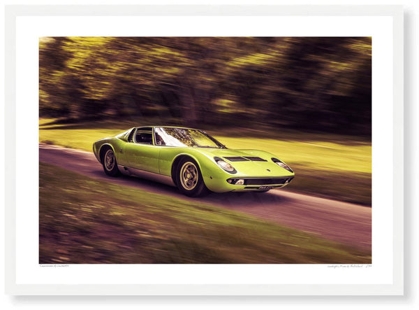 Lamborghini Miura at Prescott Hill Climb A3 (297 x 420 mm / 11.7 x 16.5 in) / White Wood Frame (Printed on Fine Art
