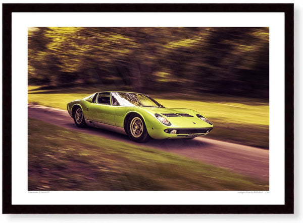 Lamborghini Miura at Prescott Hill Climb A3 (297 x 420 mm / 11.7 x 16.5 in) / Black Wood Frame (Printed on Fine Art
