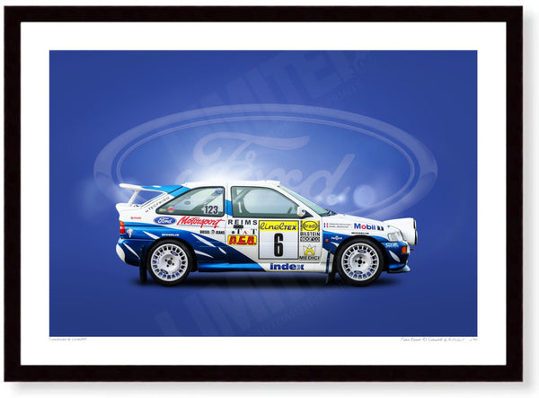 Ford Escort RS Cosworth A3 (297 x 420 mm / 11.7 x 16.5 in) / Black Wood Frame (Printed on Fine Art Paper) / No Mount