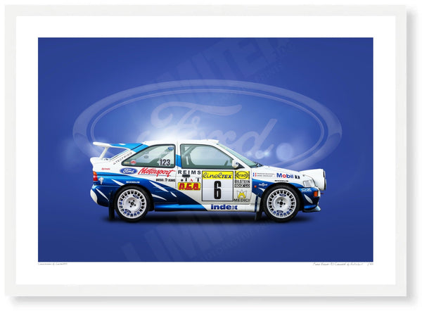 Ford Escort RS Cosworth A3 (297 x 420 mm / 11.7 x 16.5 in) / White Wood Frame (Printed on Fine Art Paper) / No Mount