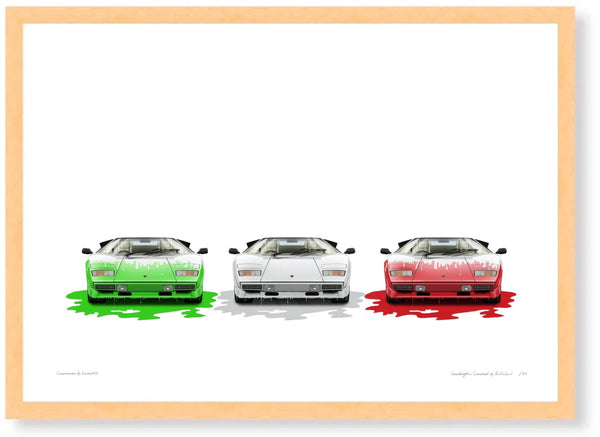 Lamborghini Countach (tricolore) A3 (297 x 420 mm / 11.7 x 16.5 in) / Wood Frame (Printed on Fine Art Paper) / No Mount