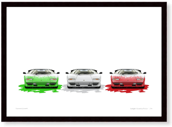 Lamborghini Countach (tricolore) A3 (297 x 420 mm / 11.7 x 16.5 in) / Black Wood Frame (Printed on Fine Art Paper) / No