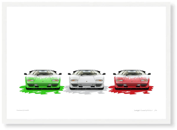 Lamborghini Countach (tricolore) A3 (297 x 420 mm / 11.7 x 16.5 in) / White Wood Frame (Printed on Fine Art Paper) / No