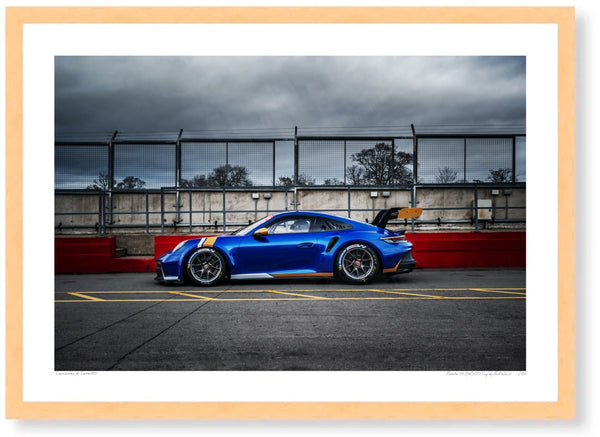 Porsche 911 (992) GT3 Cup A3 (297 x 420 mm / 11.7 x 16.5 in) / Wood Frame (Printed on Fine Art Paper) / No Mount