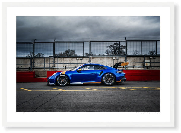 Porsche 911 (992) GT3 Cup A3 (297 x 420 mm / 11.7 x 16.5 in) / White Wood Frame (Printed on Fine Art Paper) / No Mount