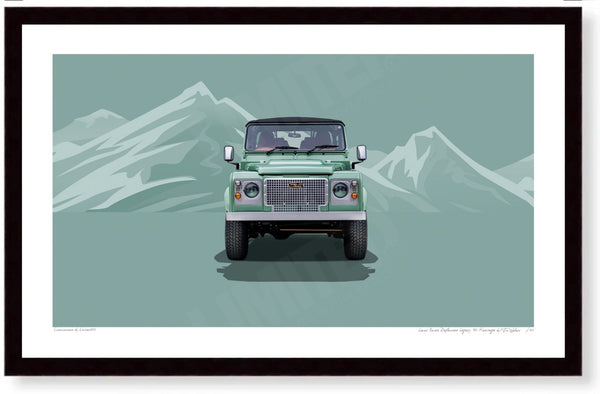 Land Rover Defender Legacy 90 Heritage (green mountains) S (420mm x 258) / Black Wood Frame (Printed on Fine Art Paper)