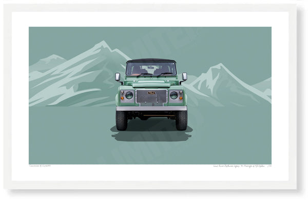 Land Rover Defender Legacy 90 Heritage (green mountains) S (420mm x 258) / White Wood Frame (Printed on Fine Art Paper)
