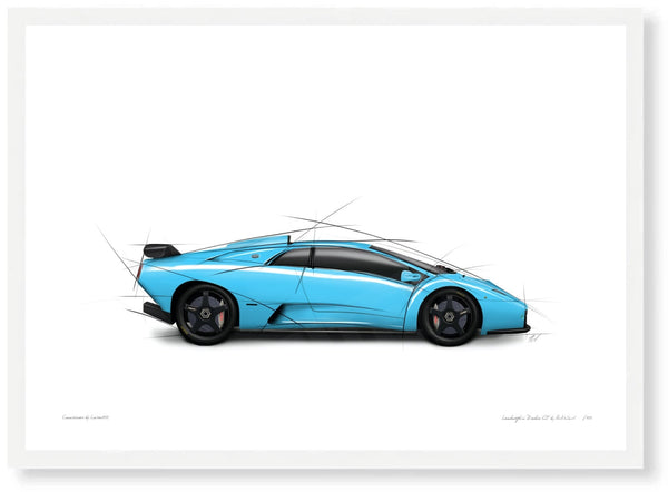 Lamborghini Diablo GT (blue) A3 (297 x 420 mm / 11.7 x 16.5 in) / White Wood Frame (Printed on Fine Art Paper) / No