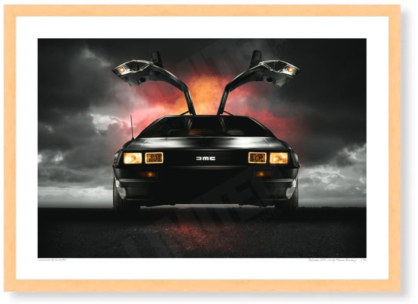 DeLorean DMC-12 A3 (297 x 420 mm / 11.7 x 16.5 in) / Wood Frame (Printed on Fine Art Paper) / No Mount