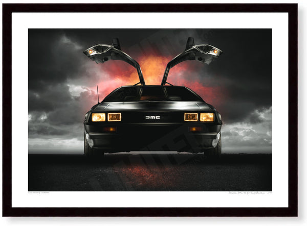 DeLorean DMC-12 A3 (297 x 420 mm / 11.7 x 16.5 in) / Black Wood Frame (Printed on Fine Art Paper) / No Mount